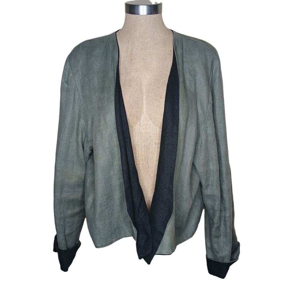 Open Front Jacket Womens M Sage Green/Black Reversible Linen? Arty